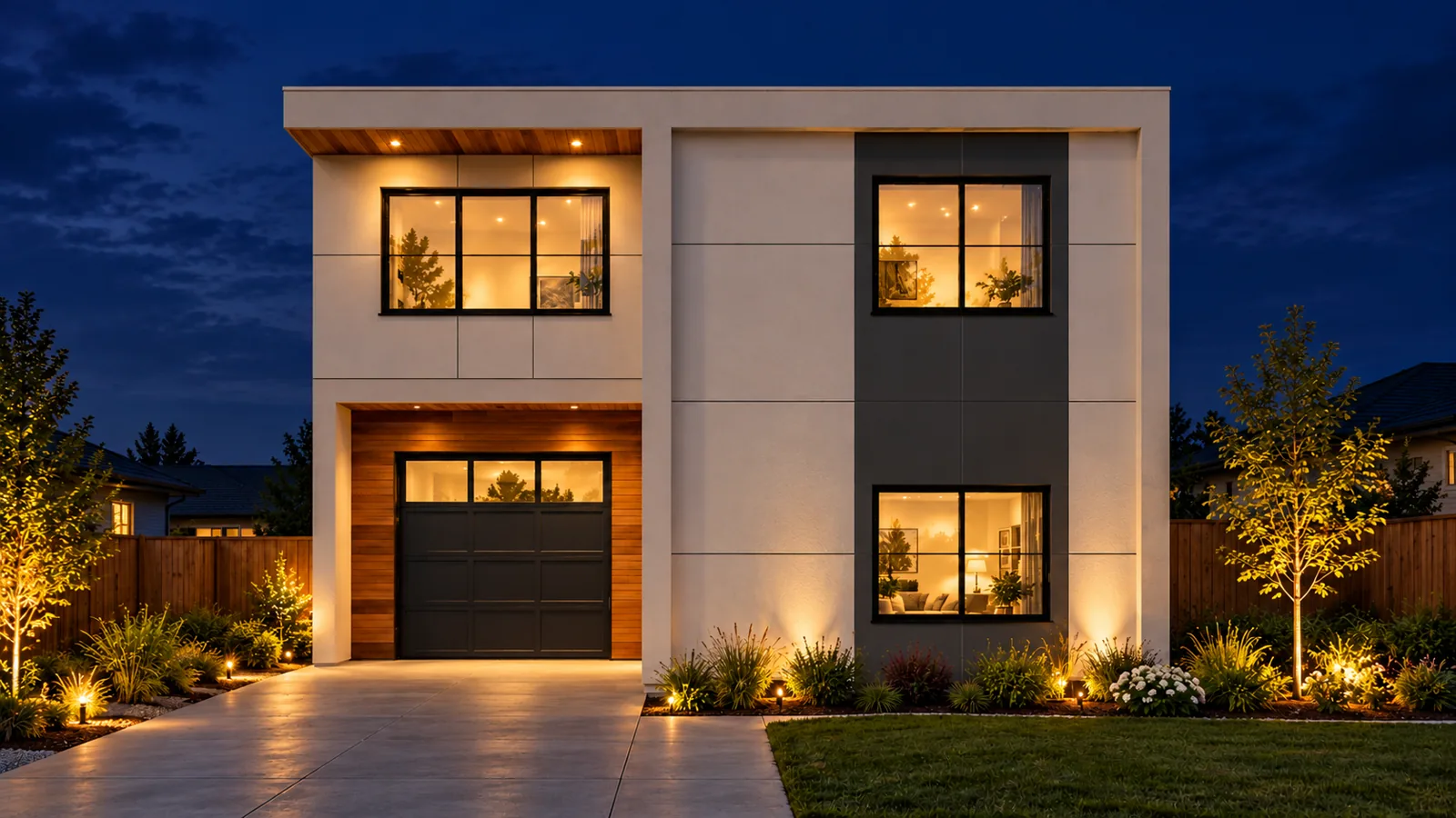 Evening exterior rendering of the detached two-story home with garage in Tukwila, WA