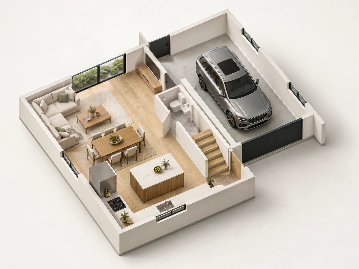Furnished 3D plan of the entry level of the detached two-story home with garage in Tukwila, WA