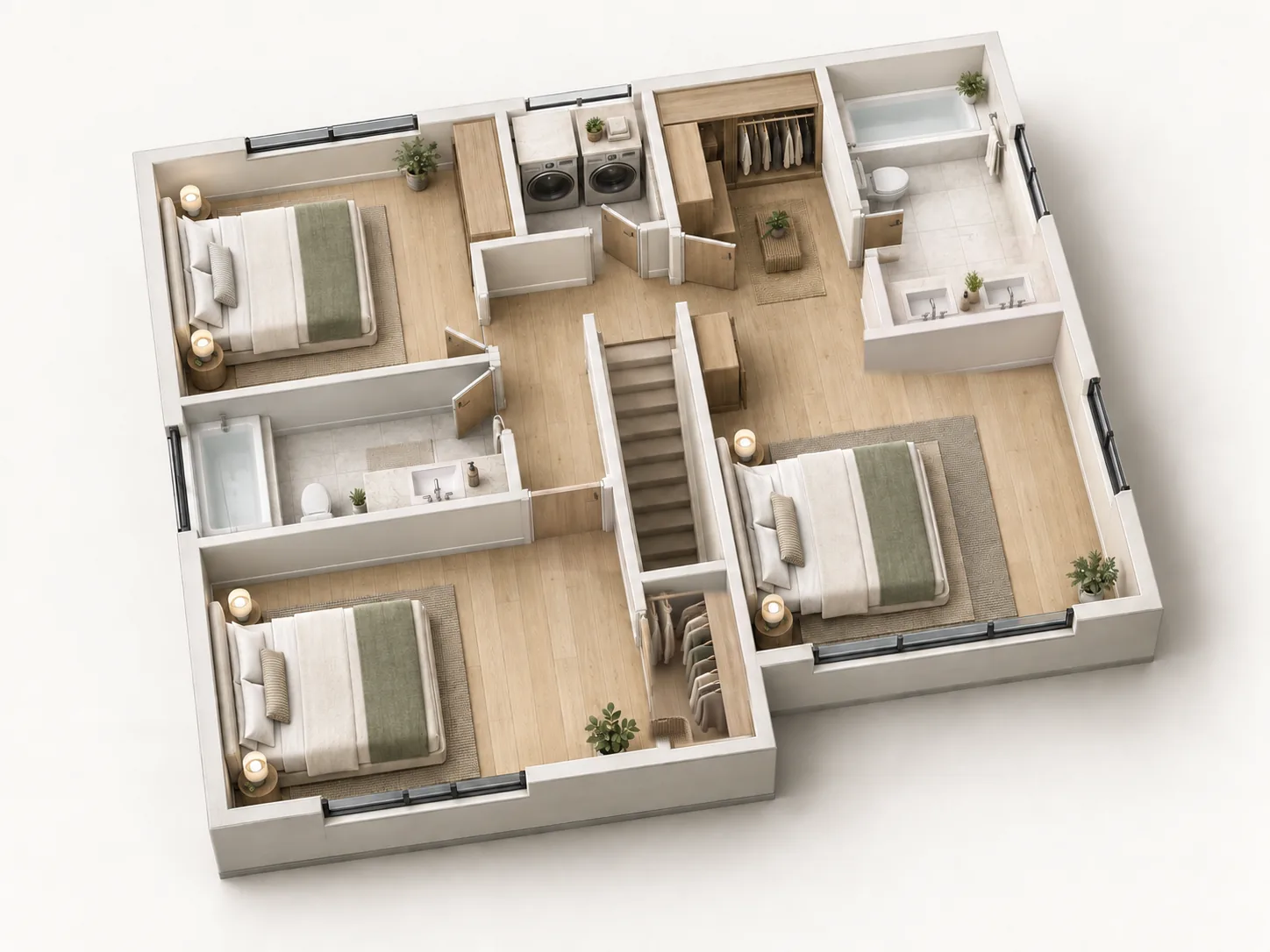 Furnished 3D plan of the upper level of the detached two-story home with garage in Tukwila, WA